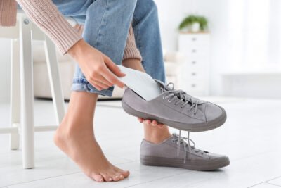 Woman,Putting,Orthopedic,Insole,Into,Shoe,At,Home,,Closeup